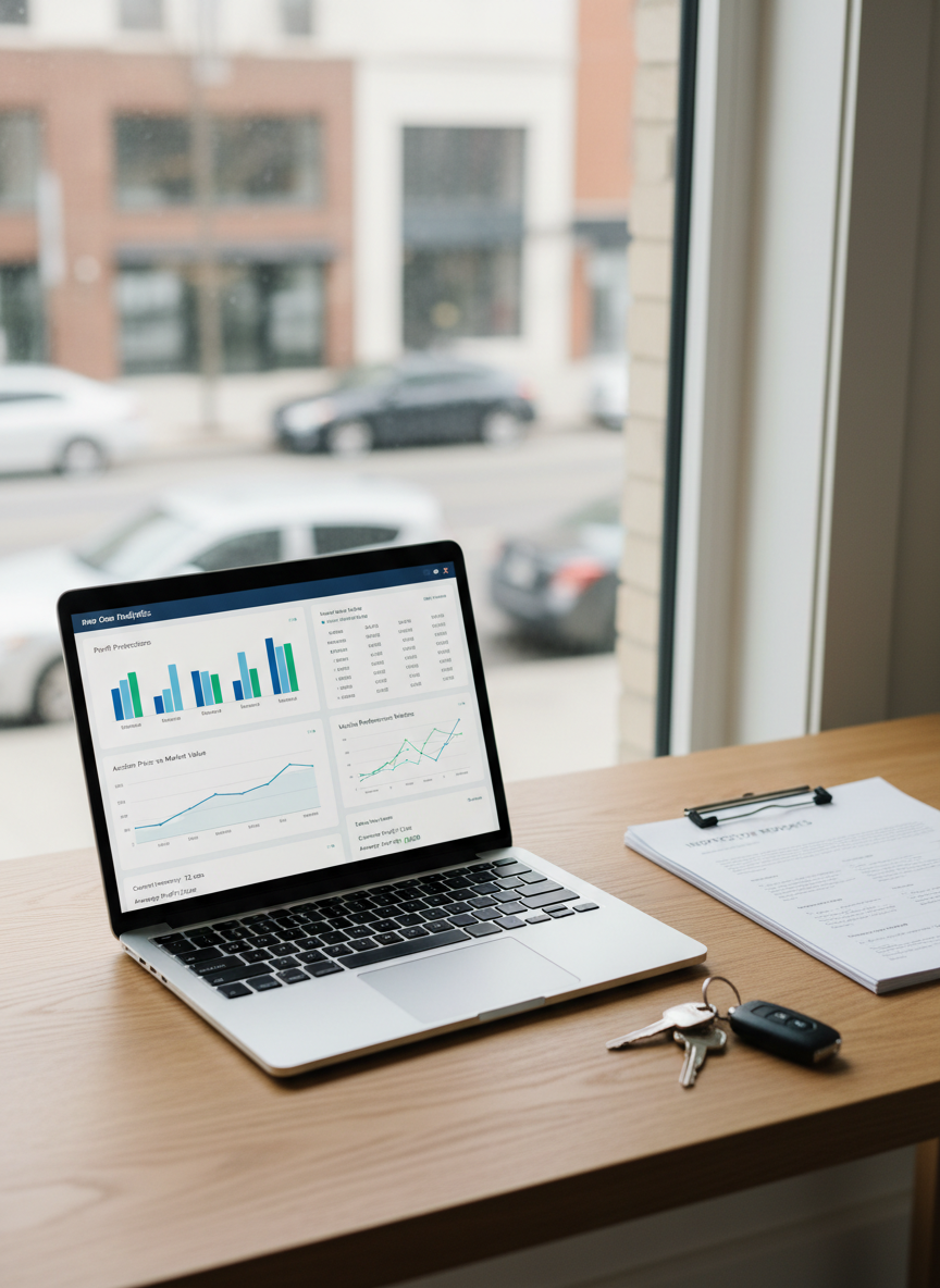 A minimalist home office desk featuring an open laptop displaying a clean, modern used car analytics dashboard with charts, profit projections, and auction price comparisons. Beside the laptop lies a neatly stacked folder of printed vehicle inspection reports and a set of metallic car keys with a simple black fob. The desk surface is a light oak wood, positioned near a large window overlooking a blurred cityscape with parked cars. Soft diffused daylight creates a balanced, shadow-free environment, highlighting the crisp lines of the tech devices and documents. Captured from a slightly elevated angle for a clear, readable layout, the photographic image feels professional, organized, and data-driven, reflecting a smart, strategic car-buying side hustle.