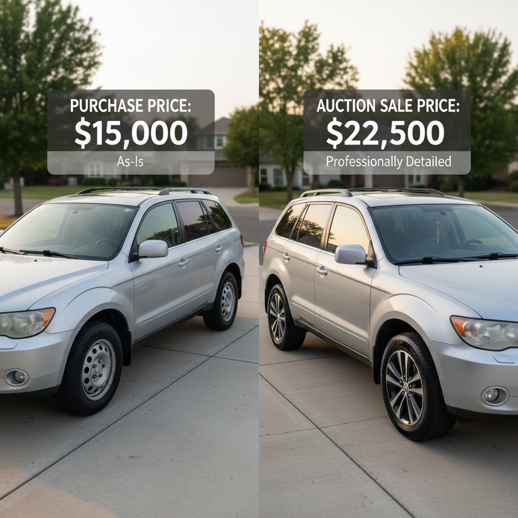 A side-by-side driveway scene featuring two versions of the same mid-range SUV: on the left, a slightly dusty, unpolished vehicle with basic wheels; on the right, a freshly detailed version with shining paint, upgraded alloy rims, and a spotless exterior. Subtle overlays of transparent price tags above each SUV show a lower “purchase” price on the left and a higher “auction sale” price on the right. Soft late-afternoon sunlight casts gentle shadows, accentuating the transformation. The suburban driveway is clean, with a blurred residential street in the background. Shot from a slightly elevated, wide-angle perspective in photographic realism, the composition clearly contrasts before-and-after, visually communicating the profit potential of smart used car flipping.