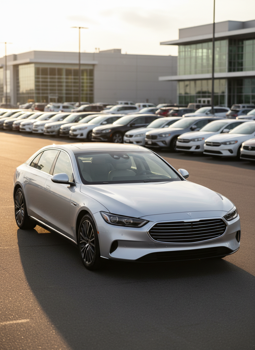A sleek, late-model silver sedan with a glossy, freshly detailed finish parked at a modern outdoor auto auction lot. The car is positioned three-quarters to camera, emphasizing its clean body lines, alloy wheels, and pristine condition. Around it, rows of other used cars recede softly into the background, slightly out of focus. Golden hour sunlight washes over the scene, creating warm reflections on the metal and soft shadows on the asphalt. The mood is professional and aspirational, conveying opportunity and value. Shot at eye level with a shallow depth of field for photographic realism, the composition uses the rule of thirds to keep the feature car dominant while maintaining a clean, modern, businesslike aesthetic.