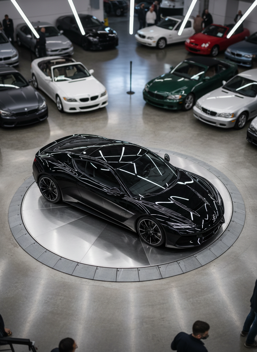 A high-angle view of a glossy black sports coupe positioned on a rotating auction platform inside a bright, modern auction hall. The car’s polished paint reflects overhead LED strip lighting, emphasizing its curves, alloy rims, and spotless condition. Around the platform, blurred rows of other vehicles suggest a busy auction environment while staying out of focus for clarity. The lighting is cool and even, with subtle reflections on the polished concrete floor, creating a clean, professional atmosphere. The composition is centered on the featured car, with strong leading lines guiding the eye. Photographic realism and a sharp depth of field on the vehicle convey precision, profit potential, and the thrill of selling at auction for maximum return.